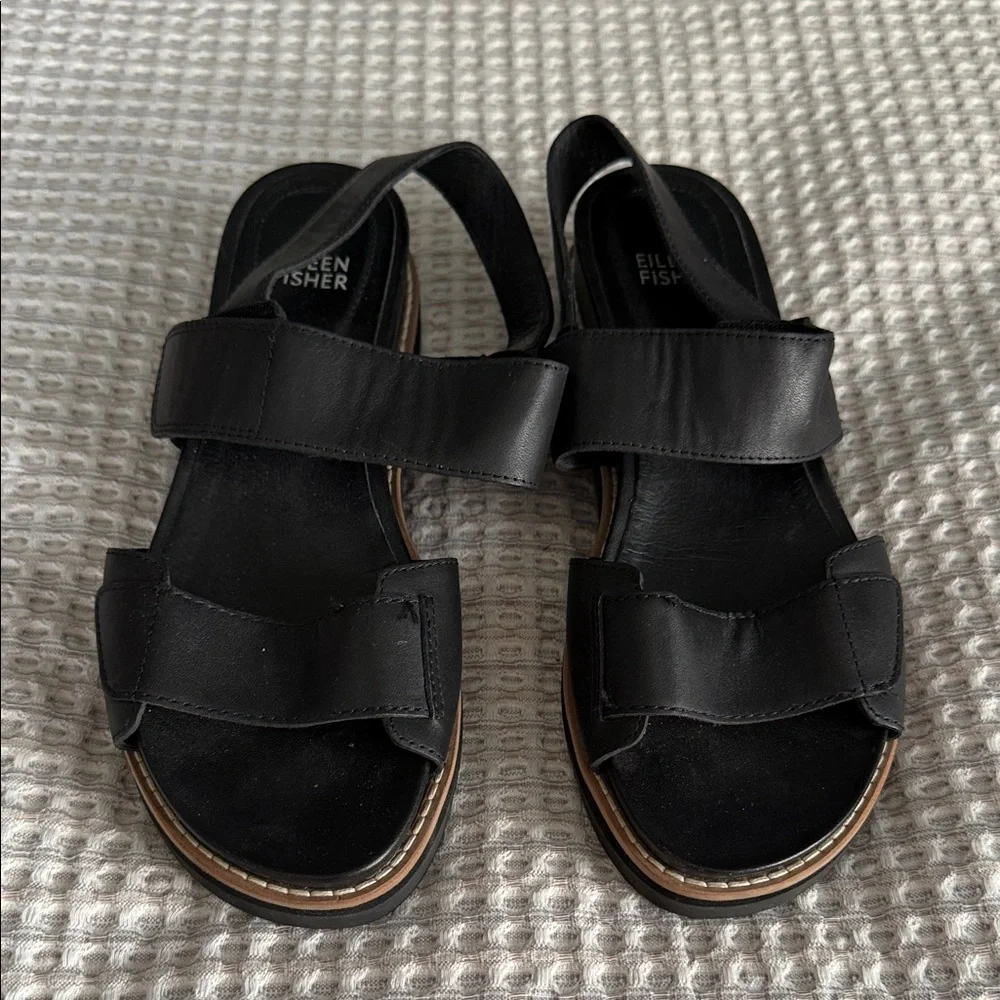 Eileen Fisher Black Leather Double-Strap Sandals
